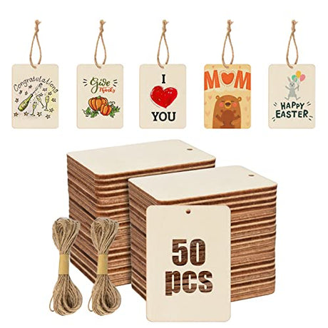 Luckforest Rectangle Wooden Tags, 50Pcs 2.5 x 3.5 Inch Unfinished Wood Tags Ornaments Blank Square Wooden Slices with Jute Twines for Sign Gift Tags Luckforest