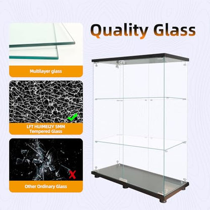 LFT HUIMEI2Y Glass Display Cabinet 3-Shelf with Double Door, Curio Cabinets Fast Installation in 30 Mins, 5mm Tempered Glass Floor Standing Bookshelf