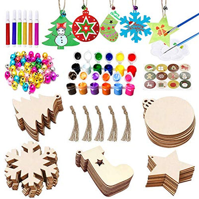 VLUSSO 50Pcs Unfinished Wooden Christmas Ornaments 5 Styles Christmas Tree Ornaments Decorations - DIY Arts and Crafts Christmas Crafts for Kids with
