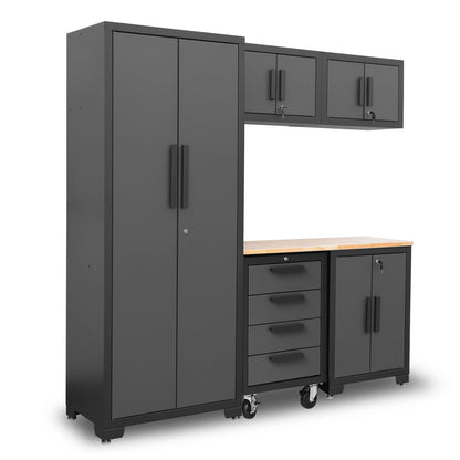 Torin 6 Piece Set with Lockers, Shelves and Wood Worktop, Black/Grey Garage Storage System - WoodArtSupply