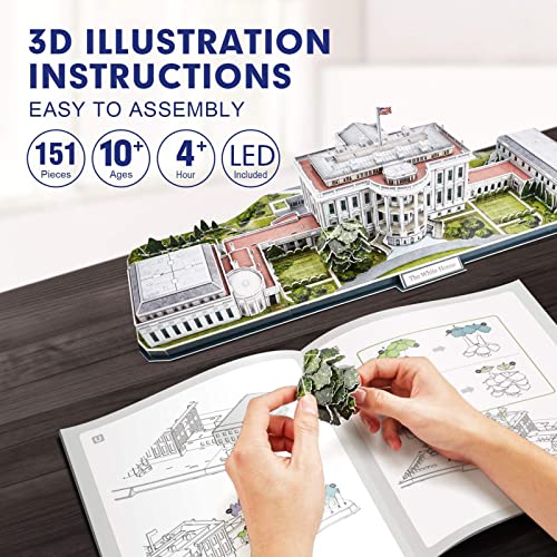 CubicFun 3d Puzzles for Adults LED Rotatable White House with Detailed Interior Model Kit, Lighting 3d Puzzle US Architecture Building Family Puzzle CubicFun