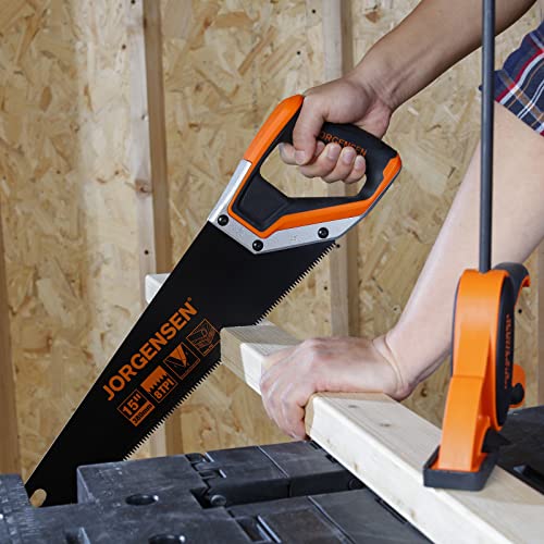 JORGENSEN 15” Hand Saw, Black Coated Coarse Handsaw 8TPI for Wood Cutting, Ergonomic Non-Slip Aluminum Handle for Sawing, Trimming, Gardening, Jorgensen