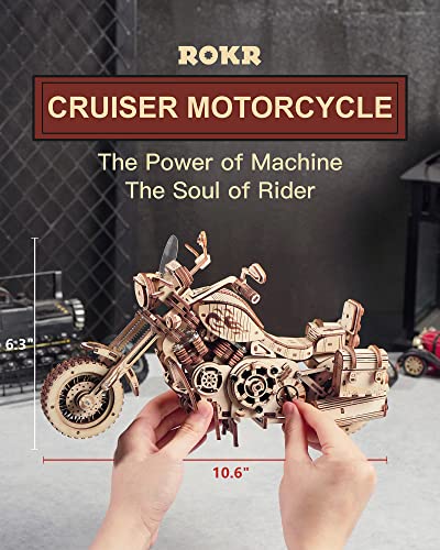 ROKR 3D Wooden Motorcycle Puzzle-Wood Model Car Kits to Build for Adults-Brain Teaser Gearjits Puzzle-1:8 Scale Cruiser Motorcycle as A Gift for ROKR