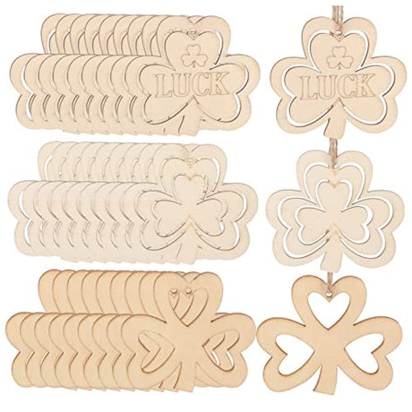 COHEALI 60 Pcs Small Pendant Wood Cutout Four St Patricks Day Decorations Shamrocks Wooden Ornaments St Patricks Day Cutout Wood Ornaments to Paint COHEALI