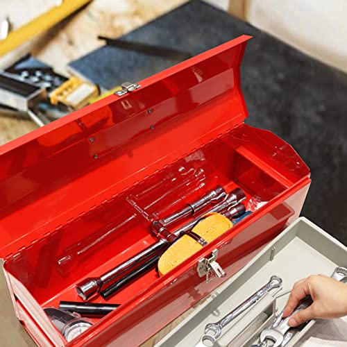BIG RED ATB212R Torin 19" Steel Portable Tool Box Hip Roof Style Tool Box Organizer with Metal Latch Closure and Removable Storage Tray, Red BIG RED