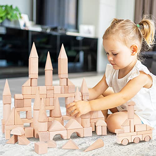 GenJuw 100Pcs Wooden Building Blocks Set- Wood Stacker Stacking Blocks Game Toys for Toddlers, Multiple Shapes, Toddles Blocks- Baby Wooden Blocks - WoodArtSupply