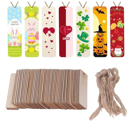 HERCHR Wood Blank Bookmarks,50Pcs Rectangle Blank Hanging Tags Unfinished Wooden Book Markers Wooden Craft Bookmark for Bookmark Gift DIY HERCHR