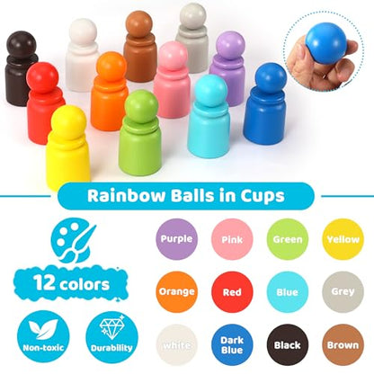 Ball in Cup Montessori Toy Wooden Rainbow Color Sorting Toy for Toddlers Preschool Color Matching Toy - 12 Ball 40mm