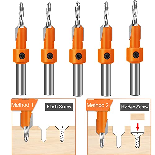 ASNOMY 10Pcs Wood Countersink Drill Bit Set, 5Pcs Countersink Drill Bit with 5Pcs Extra Pilot Drill bit, Tapered Drill Bits with 5/16" Round Shank, ASNOMY