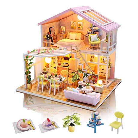 GuDoQi DIY Miniature Dollhouse Kit, Tiny House kit with Furniture and Music, Miniature House Kit 1:24 Scale, Great Handmade Gift for Birthday GuDoQi