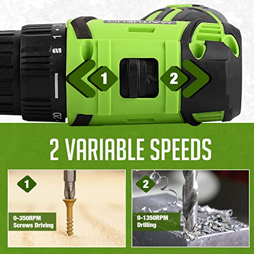 18V Cordless Drill, MAITHEUO Brushless Power Drill with 2Pcs Battery and Charger, 3/8”Keyless Chuck, 2 Variable Speed, 20+1 Torque Setting Electric MAITHEUO
