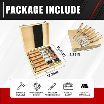 C&T 8 Pieces Premium Wood Chisel Set with Wooden Case,6 Pieces Wood Chisel with 2 Sharpening Stone,Woodworking Carving Chisel Kit,Chrome Vanadium - WoodArtSupply