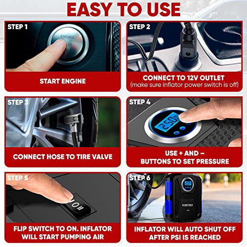 FORTEM Tire Inflator Portable Air Compressor 150 PSI, Bike Pump, 12V Electric Air Pump for Car Tires and Bicycles w/LED Light, Digital Tire Pressure FORTEM