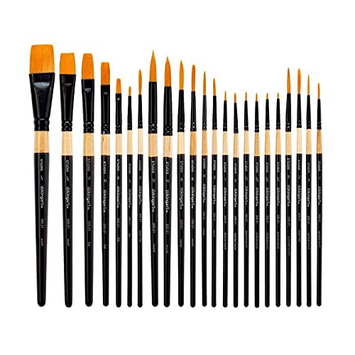 KINGART Studio Mixed Media Brush Set, Set of 21, Variety of Shapes &Sizes, Gold Nylon Filament, Black Gloss Lacquered Handle with Black Ferrule, KINGART
