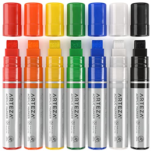 ARTEZA Acrylic Paint Markers, 7 Acrylic Paint Pens in Classic Colors, 3-in-1 Multi-Line Nibs, 5–15 mm Line, UV-Resistant, Art & Craft Supplies, Use ARTEZA