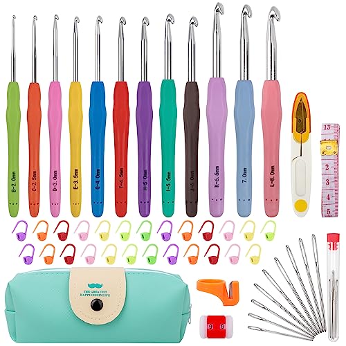 MECHEER Crochet Hooks 12 Sizes Crochet Hook Set, 51 Pack Yarn Crochet Kit for Beginners, Knitting Needles with Ergonomic Handles for Arthritic Hands, - WoodArtSupply