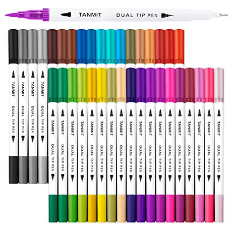 Dual Brush Marker Pens for Coloring Books, Tanmit Fine Tip Coloring Marker & Brush Pen Set for Journaling Note Taking Writing Planning Art Project TANMIT