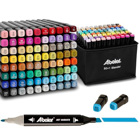 abeier 80 Colors Alcohol Based Markers, Dual Tip Drawing Markers Set, Plus 1 Colorless Blender Pen, Permanent Sketch Animation Markers for Kids, abeier