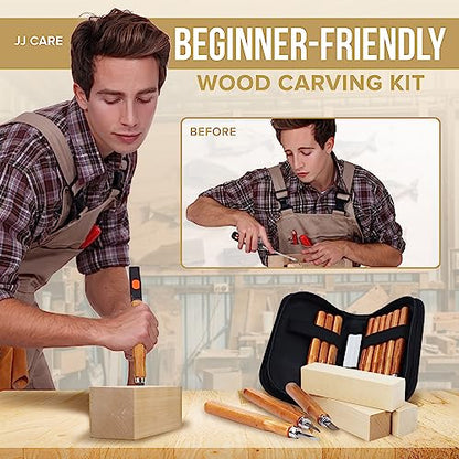 JJ CARE Wood Carving Kit [12 SK2 Wood Carving Knives with Case, 10 Basswood Carving Blocks, and 1 Grinding Stone] - Beginner Wood Carving Kit, Wood