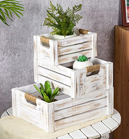 TIMRIS Set of 3 Rustic Wood Nesting Crates, Farmhouse Wooden Storage Container Boxes with Cutout Handles, Decorative Wooden Baskets for Display - WoodArtSupply