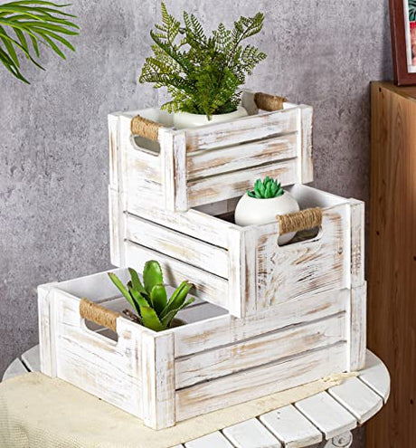 TIMRIS Set of 3 Rustic Wood Nesting Crates, Farmhouse Wooden Storage Container Boxes with Cutout Handles, Decorative Wooden Baskets for Display TIMRIS