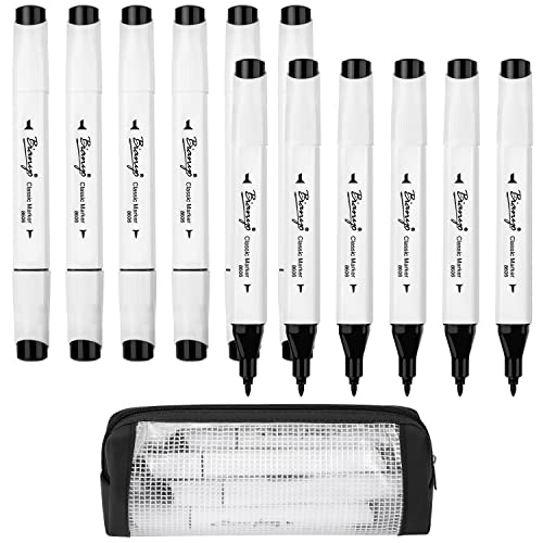 Bianyo Black Alcohol Markers Set, Set of 12, Dual Tip Bullet & Chisel Art Marker Set with Pen Case for Drawing, Sketching, Outlining, Highlighting, Bianyo