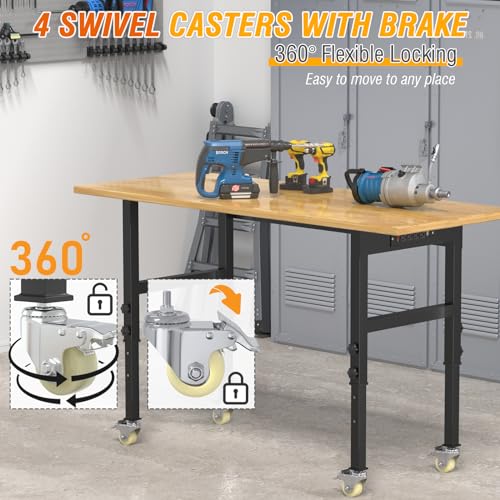 60" Adjustable Workbench, Rubber Wood Top Heavy-Duty Work Bench with Wheels, 2000 LBS Load Capacity Hardwood Worktable with Power Outlets, for Pelnuies