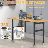 60" Adjustable Workbench, Rubber Wood Top Heavy-Duty Work Bench with Wheels, 2000 LBS Load Capacity Hardwood Worktable with Power Outlets, for Pelnuies