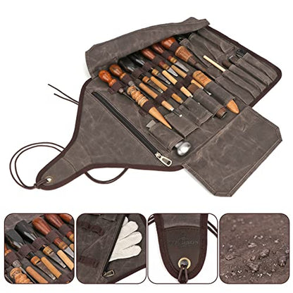 TOURBON Waxed Canvas Tool Roll Up Bag, 25-Pocket Wood Carving Chisel Carrying Case, Multi-Purpose Tool Pouch with Zipped Compartments - WoodArtSupply