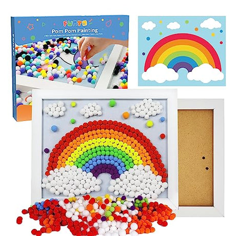 Funto Rainbow Pom Pom Painting Art Kit - 1100+ Colorful Pom Poms and Supplies Included, Canvas and Premium Frame for Home Decor, DIY Painting for Funto