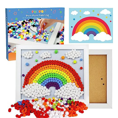 Funto Rainbow Pom Pom Painting Art Kit - 1100+ Colorful Pom Poms and Supplies Included, Canvas and Premium Frame for Home Decor, DIY Painting for
