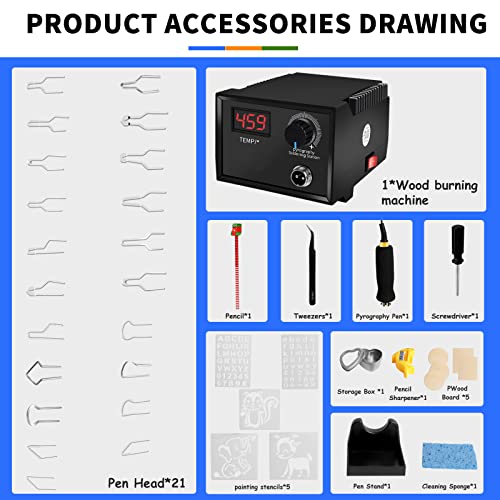 Pyrography Machine Soldering Iron Set 60W LCD Wood Burner Set Temperature Adjustable with 21 Pyrography Wire Tips for Wood Leather Gourd - WoodArtSupply