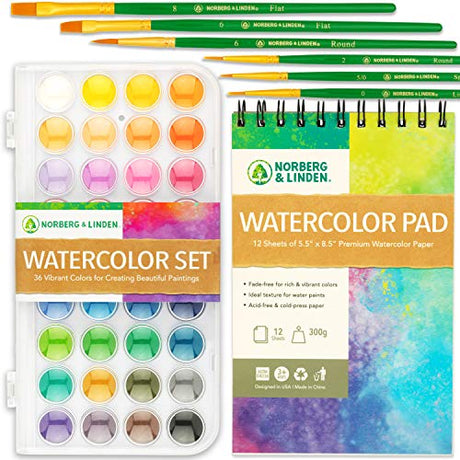 Norberg & Linden Watercolor Paint Set - 36 Premium Paints - 12 Page Pad - 6 Brushes - Painting Supplies with Palette, Watercolors, Art Pad Paper and Norberg & Linden