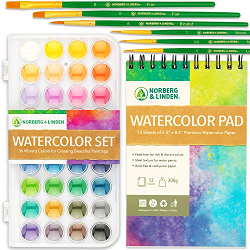 Norberg & Linden Watercolor Paint Set - 36 Premium Paints - 12 Page Pad - 6 Brushes - Painting Supplies with Palette, Watercolors, Art Pad Paper and - WoodArtSupply