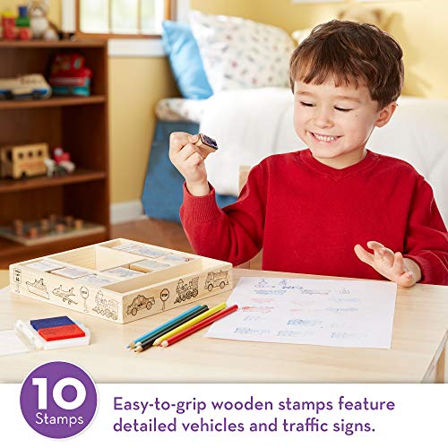 Melissa & Doug Wooden Stamp Set: Vehicles - 10 Stamps, 5 Colored Pencils, 2-Color Stamp Pad - WoodArtSupply