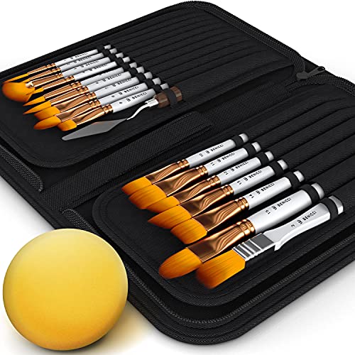 16 Pieces Premium Artist Paint Brush Set - Includes Palette Knife, Sponge, Organizing Case - Painting Brushes for Kids, Adults & Professionals -
