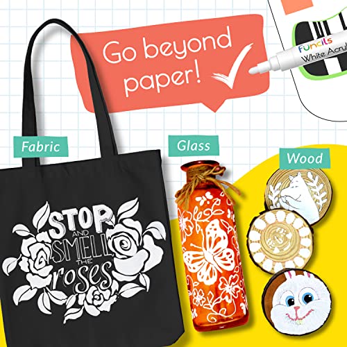 Funcils 5 Acrylic White Paint Pens - Fine & Jumbo Size Ink Pens (1mm, 3mm, 6mm, 10mm, 15mm) - Permanent White Marker Ink for Rock Painting, Fabric, Funcils