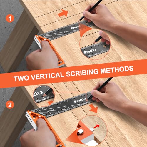 12” Woodworking Square Ruler - Preciva Right Angle Ruler Carpenter Square Layout Tool, Features Stainless Steel Blade, Retractable Ledge, 1/16” and - WoodArtSupply