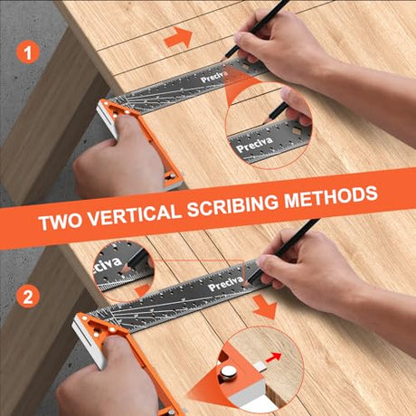 12” Woodworking Square Ruler - Preciva Right Angle Ruler Carpenter Square Layout Tool, Features Stainless Steel Blade, Retractable Ledge, 1/16” and Preciva