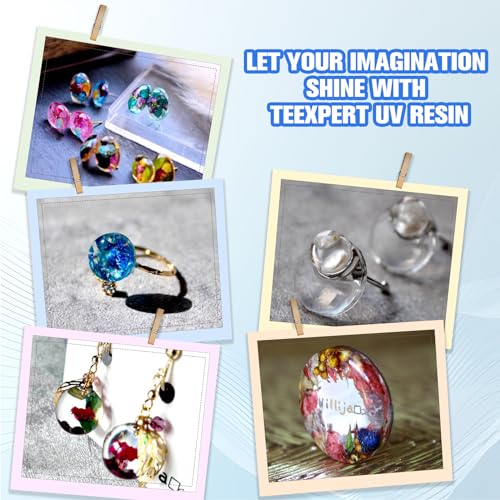 Teexpert UV Resin 1000g Upgraded Crystal Clear UV Resin Kit, Hard Type, Odorless, Fast Curing for Jewelry Making, Doming, Casting in molds and Resin Teexpert