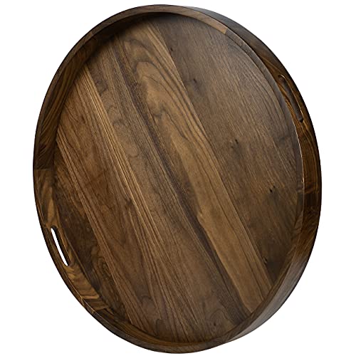 KINGCRAFT 26 x 26 inches Extra Large Round Ottoman Table Tray Wooden Solid Serving Tray with Handle Black Walnut Circle Platter Decorative Tray for Kingcraft