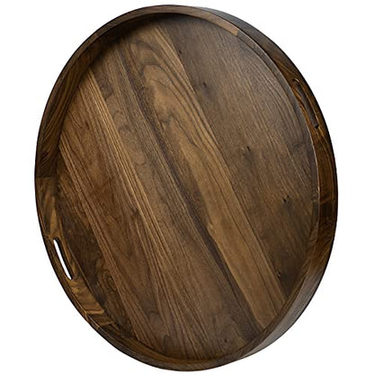 KINGCRAFT 26 x 26 inches Extra Large Round Ottoman Table Tray Wooden Solid Serving Tray with Handle Black Walnut Circle Platter Decorative Tray for - WoodArtSupply