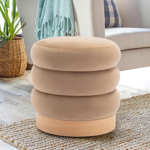 COLAMY Velvet Ottoman Footstool, Tufted Modern Foot Rest Stool with Wood Base for Living Room, Bedroom, Desk, Round Versatile Side End Table, Pouf, - WoodArtSupply