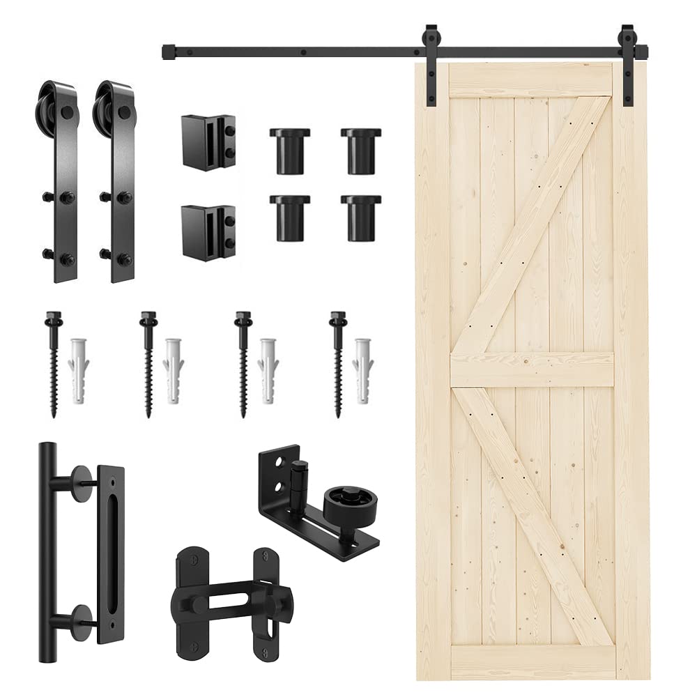 WINSOON 30in x 84in Sliding Barn Door with 5.5ft Barn Door Hardware Kit & Handle, Floor Guide, Door Latch Included, DIY Unfinished Solid Spruce - WoodArtSupply