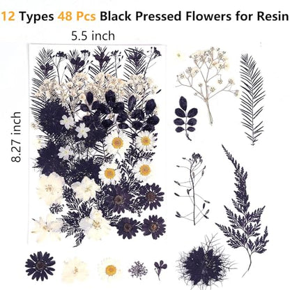 12 Types 48PCS Real Dried Pressed Flowers for Resin, Leaf Plant Herbarium for Jewelry Making Craft (Black and White) - WoodArtSupply