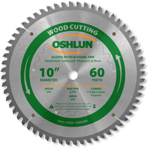 Oshlun SBW-100060N 10-Inch 60 Tooth Negative Hook Finishing ATB Saw Blade with 5/8-Inch Arbor for Sliding Miter and Radial Arm Saws OSHLUN