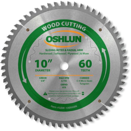 Oshlun SBW-100060N 10-Inch 60 Tooth Negative Hook Finishing ATB Saw Blade with 5/8-Inch Arbor for Sliding Miter and Radial Arm Saws - WoodArtSupply