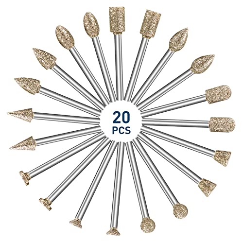 Diamond Grinding Burr Bit Set，20Pcs Rotary Tool Accessories Stone Carving Set with 1/8 inch Shank for Stone Ceramic Glass Carving, Grinding, - WoodArtSupply