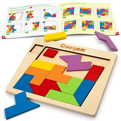 Coogam Wooden Puzzle Blocks Geometric Tangram Brain Teasers Jigsaw 3D Logic IQ Game Colorful Shape Pattern Montessori STEM Educational Toys Gift 60