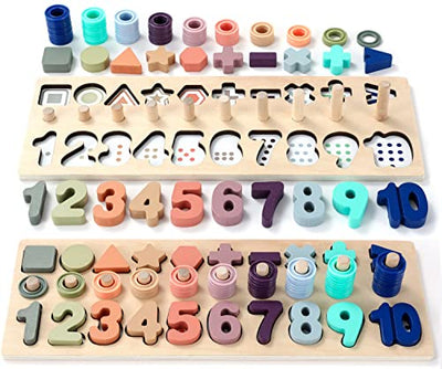 BEKILOLE Wooden Number Puzzle for Toddler Activities - Montessori Toys for Toddlers Shape Sorting Counting Game for Age 3 4 5 Year olds Kids -